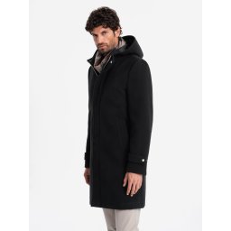 Ombre Men's long monochrome hooded coat - black