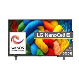 Телевизор LG 50NANO80A3B, 50" 4K HDR Smart Nano Cell TV, 3840x2160, DVB-T2/C/S2, AI Alpha 7, HDR 10 PRO, webOS 25, ThinQ AI, VRR, ALLM, HGiG, WiFi, Clear Voice, AI Upscaling, Bluetooth, Hdmi e-ARC , CI, LAN, AirPlay2, Chromecast, 2 Pole stand, Black