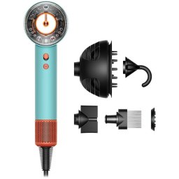 Сешоар Dyson Supersonic Nural HD16 515276-01, 1600 W, 3 степени на скорост, 4 степени на температура, Бързо и интелигентно сушене, Ceramic Patina-Topaz, Син/Оранжев