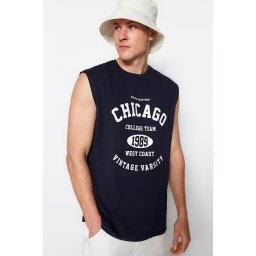 Trendyol Navy Blue Relaxed/Comfortable Cut City Printed 100% Cotton Sleeveless T-Shirt/Athlete