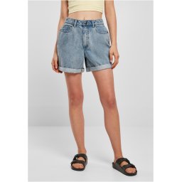 Women's boys' shorts with a high waist, tinted in light blue, washed