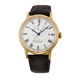 Orient Star RE-AU0001S Мъжки часовник - Автоматичен, Бял Циферблат, 39мм, Резерв 50ч, 50м Водоуст., Кожена Каишка, Прозрачен Гръб