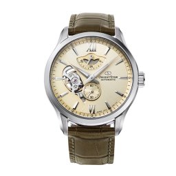 Orient Star RE-AV0B10G Мъжки часовник - Автоматичен, Бежов Циферблат, Полу-Скелетон, 41мм, Резерв 50ч, 100м Водоуст., Кафява Кожена Каишка