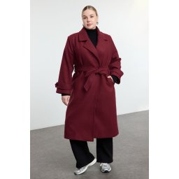 Trendyol Curve Claret Red Regular Fit Wide Collar Detailed Long Wool Blend Cashmere Coat