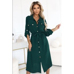 531-7 Midi shirt dress with gold buttons and tie detail - green