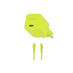 Зарядно 220V ttec SmartCharger GAN 20W PD Travel Fast Charger + USB-C - USB-C 3A Cable 120cm, Neon Yellow
