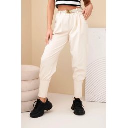 Kesi Włoski Women's cotton high-waisted pants with a belt beige