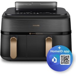 Фритюрник с горещ въздух и пара Philips Airfryer Series 5000 NA552/00, 2 кошници за готвене, Капацитет 9 л, Сензорен екран, 12 предварително зададени програми, Технология RapidAir Plus, Air Steam, Черен
