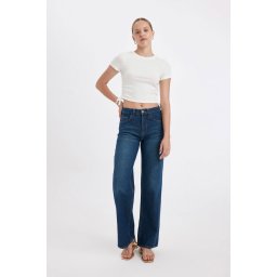 DEFACTO Straight Wide High Waist Long Jean Washed Trousers