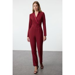 Trendyol Limited Edition Long Claret Red Satin Collar Detailed Woven Jumpsuit