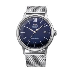 Orient RA-AC0019L Мъжки часовник - Класически, Автоматичен, Тъмносин циферблат, Плетена стомана, Прозрачен гръб, Римски цифри