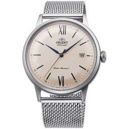 Orient RA-AC0020G Мъжки часовник - Класически, Автоматичен, Бежов циферблат, Плетена стомана, Прозрачен гръб