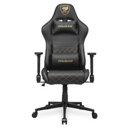 Геймърски стол Cougar Gaming Armor One V2 Gold, до 120kg, PVC кожа, джоб за таблет, 4D регулируеми подлакътници, черен
