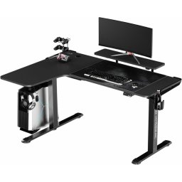 Компютърно бюро Ultradesk Winger (UDESK-WI-BKA), 155 x 110 x 75-122 cm, държач за слушалки, стойка за чаша, рафт за аксесоари, USB 3.0, RGB подсветка, черно