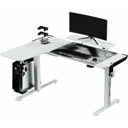 Компютърно бюро Ultradesk Winger White (UDESK-WI-BWA), 155 x 110 x 75-122 cm, държач за слушалки, стойка за чаша, рафт за аксесоари, USB 3.0, RGB подсветка, бяло