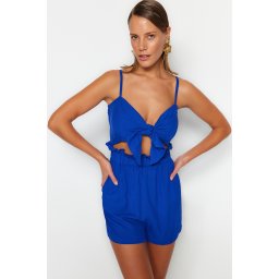 Trendyol Sax-Wave Tie 100% Cotton Linen Look Jumpsuit