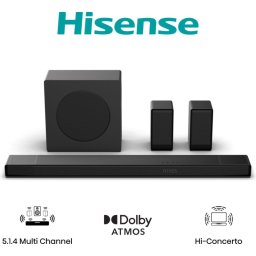 Аудио система Hisense AX5140Q, 5.1.4Ch Sound Bar with Wireless Subwoofer, 600W, Dolby Atmos, Bluetooth 5.3, 4K HDMI Pass Through, DTS:X, HDMI/AUX/ARC/Optical/USB, 7 EQ Modes, Black