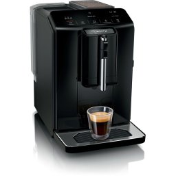 Кафеавтомат Bosch VeroCafe TIE20129, LCD дисплей, 15 бара, 1.4 л, Керамична мелачка, MilkMagic Pro, Система SensoFlow, Черен