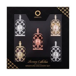 Orientica Luxury Collection подаръчен комплект: EDP Royal Amber 7,5 ml + EDP Royal Bleu 7,5 ml + EDP Velvet Gold 7,5 ml + EDP Oud Safron 7,5 ml + EDP Amber Rouge 7,5 ml унисекс