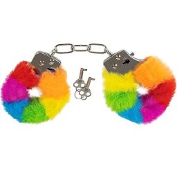 Метални белезници с пух - прайд версия "RAINBOW HANDCUFFS"