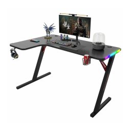 Гейминг бюро P201, 1400 x 600-1000 x 740 mm, RGB подсветка, поставка за слушалки и чаша, черно