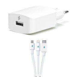 Зарядно 220 V ttec SpeedCharger Trio USB Travel Charger , 2.1A , Lightning , Micro USB and Type C Cables