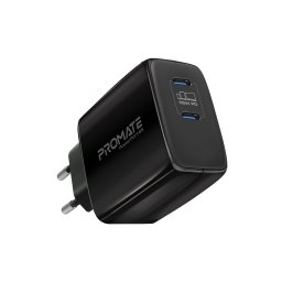 Зарядно 220V ProMate,POWERPORT-65, 65W Super Speed GaNFast Charging Adapter with Dual USB Ports • Smaller and Lighter • Dual USB-C Device Charging, Черен