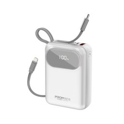 Външна батерия ProMate POWERPOD-20.WHITE 20000mAh Power bank w/ built-in USB-C and Lightning Cable, 33W PD USB-C in/out port, 20W USB-A port, L - Бяла