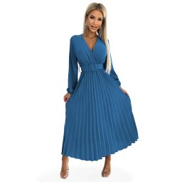 504-5 VIVIANA Pleated midi dress with a neckline, long sleeves and a wide belt - JEANS