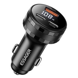 ESSAGER 108W зарядно за кола, 2x Type-C, USB-A, цифров дисплей - черен/сив