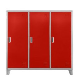Метален шкаф Carmen CR-1605-3 JZ, 3x шкафове, 3x рафтове, 3x лост за закачалки, прахово боядисан, метален, товаропоносимост на един рафт 40kg, вентилационен отвор, сив / червен