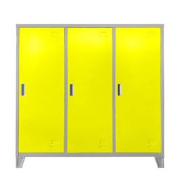 Метален шкаф Carmen CR-1605-4 JZ, 3x шкафове, 3x рафтове, 3x лост за закачалки, прахово боядисан, метален, товаропоносимост на един рафт 40kg, вентилационен отвор, сив / патешко жълт