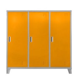 Метален шкаф Carmen CR-1605-3 JZ, 3x шкафове, 3x рафтове, 3x лост за закачалки, прахово боядисан, метален, товаропоносимост на един рафт 40kg, вентилационен отвор, сив / оранжев