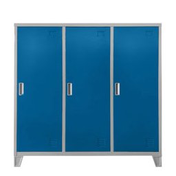 Метален шкаф Carmen CR-1605-3 JZ, 3x шкафове, 3x рафтове, 3x лост за закачалки, прахово боядисан, метален, товаропоносимост на един рафт 40kg, вентилационен отвор, сив / син
