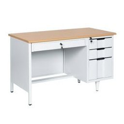 Метално бюро Carmen CR-1310 K, метал, ПДЧ с алуминиев кант, 4 чекмеджета, заключване, отвор за кабели, сиво / бук