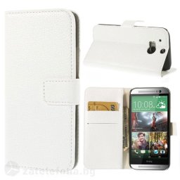 Кожен калъф тип портмоне с грапава кожа за HTC One M8 - бял