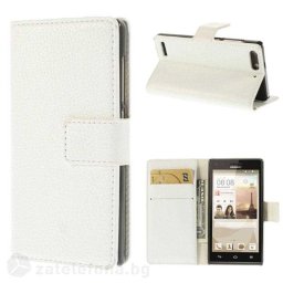 Кожен калъф тип портмоне с грапава кожа за Huawei Ascend G6 - бял