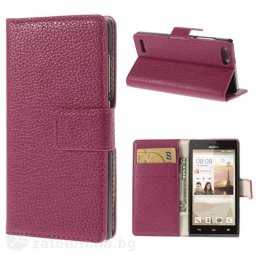 Кожен калъф тип портмоне с грапава кожа за Huawei Ascend G6 - ярко розов