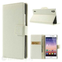 Кожен калъф тип портмоне с грапава кожа за Huawei Ascend P7 - бял