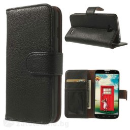 Кожен калъф тип портмоне с грапава кожа за LG L90 D410 Dual SIM - черен