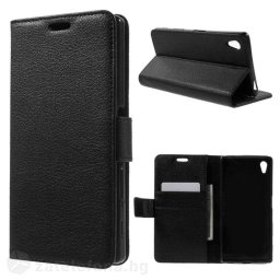 Кожен калъф тип портмоне за Sony Xperia Z5 - черен