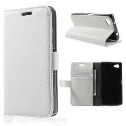 Кожен калъф тип портмоне за Sony Xperia Z5 Compact - бял