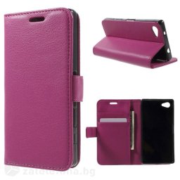 Кожен калъф тип портмоне за Sony Xperia Z5 Compact - ярко розов