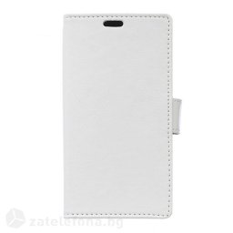 Кожен калъф тип портмоне с гладка кожа за Alcatel One Touch Pixi 3, 4.5 инча - бял
