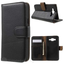 Кожен калъф тип портмоне с кръгло капаче за Samsung Galaxy J5 - черен