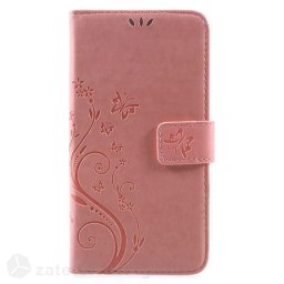 Кожен калъф тип портмоне с цветя и пеперуди за Huawei P10 Plus - цвят светло розов