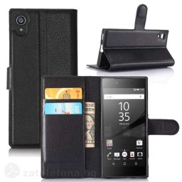 Кожен калъф тип портмоне с кръгло капаче за Sony Xperia XA1 - черен