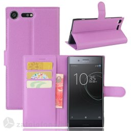 Кожен калъф тип портмоне с кръгло капаче за Sony Xperia XZ Premium - лилав