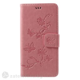 Кожен калъф тип портмоне с цветя и пеперуди за Huawei P10 Lite - розов