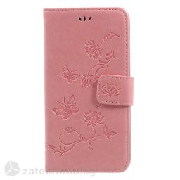 Кожен калъф тип портмоне цветя и пеперуди за Samsung Galaxy J5 2017 - светло розов